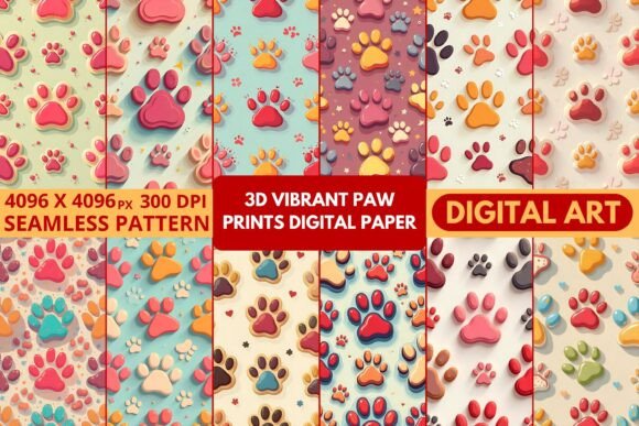 3d Vibrant Paw Prints Digital Paper