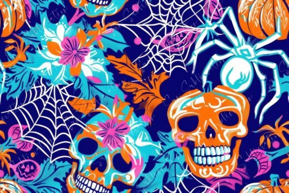 Elevating Seasonal Branding with a Premium Halloween Skull and Spider Artwork Seamless Pattern