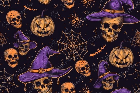 Halloween Skulls and Pumpkins Seamless Pattern