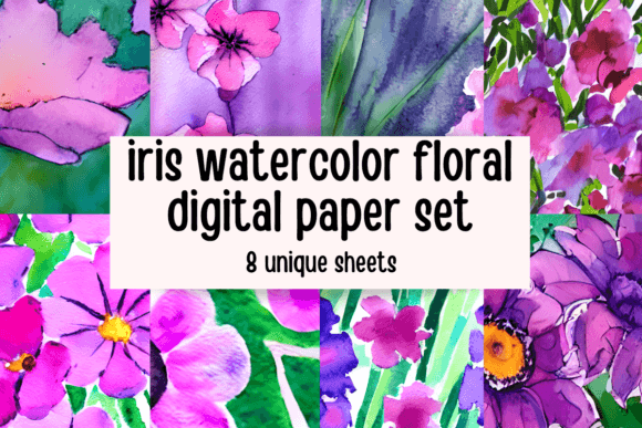 Iris Watercolor Floral Digital Paper Set